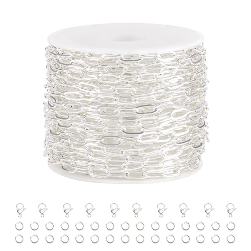 Kyutong 16.4FT/5M Thin Paperclip Chains for Jewelry Making Stainless Steel Necklace Making Supplies Silver Plated Craft Chain Link with Lobster Claw Clasps Jump Rings - color: silver paperclip
