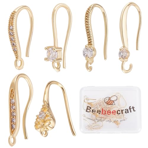 Beebeecraft 24Pcs 6 Style Cubic Zirconia Earring Hooks 18K Gold Plated Ear Wire Fish Hooks with Loop for DIY Earring Jewelry Making 15~18mm Long - color: 6 Style Earring Hooks