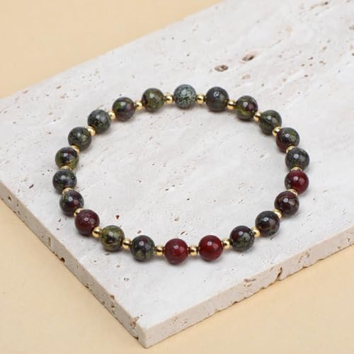 QOGIR 14k gold Handmade Healing Bracelet, Natural Gem Stone Crystal Elastic Gold Bracelet - color: Dragon Bloodstone - Strength and Courage, size: 6m