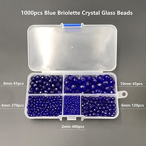 1000pcs Blue Crystal Rondelle Beads Faceted Briolette Glass Beads 2mm 4mm 6mm 8mm 10mm Round Spacer Beads for Jewelry Making with Container Box - color: Blue