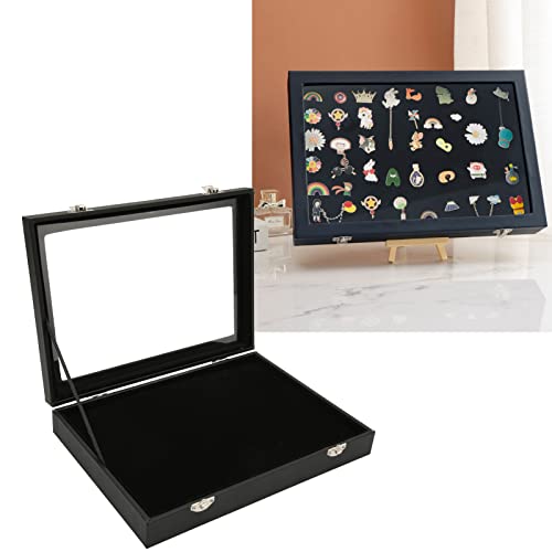 Pin Display Case Premium Transparent Glass Lid Jewelry Storage Box With Lock Buckle For Brooch Badge Medal Collection Black 28x20x5cm