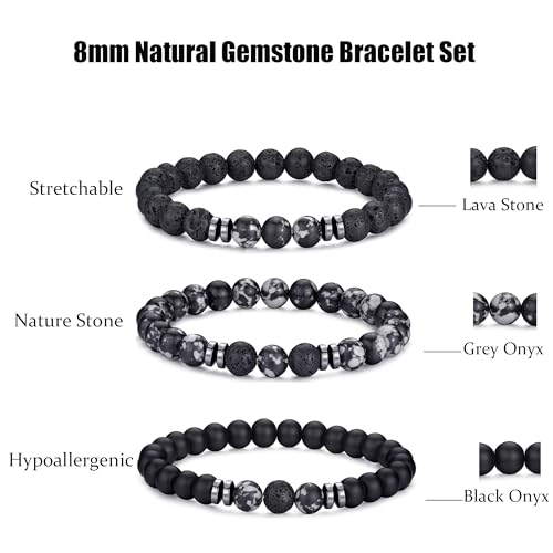 RANKEEF Tiger Eye Bracelet For Men 8MM Natural Stone Stretch Adjustable Black Crystal Beaded Bracelet for Men Women Gifts - color: 3,black,gray,lava rock bracelet
