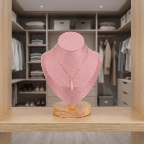 Pink Mannequin Bust Jewelry Organizer - Necklace Holder Stand with Wood Base for Home and Shop Display, 7.67 X 5.90 X 3.54 Inches