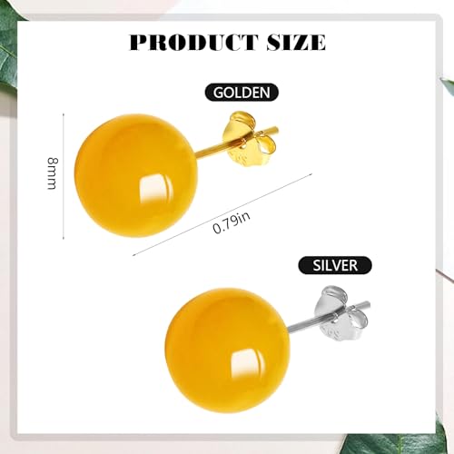 Jade Green Stud Earrings, Natural Round Beaded Agate Emerald Garnet Obsidian Gemstone Ear Studs Ball Jade Jewelry Gift, Green 8mm - color: yellow-8mm
