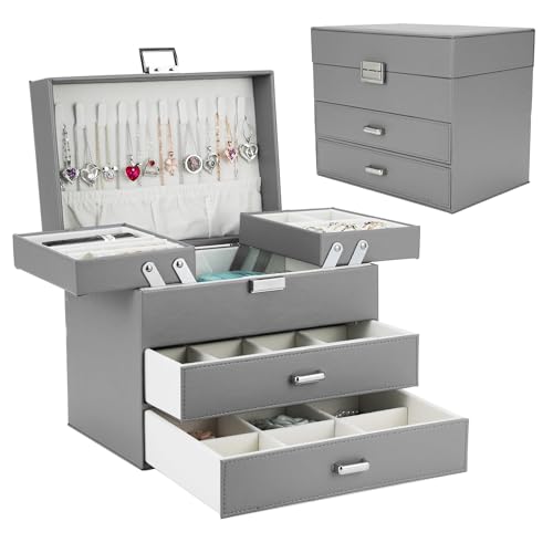 Dajasan Jewelry Organizer Box, Large Jewelry Boxes for Women Girls, Space-Saving 4 Layers Jewelry Storage Case with Drawer, Movable Metal Stand, Modern, Gift Idea (Grey) - color: Grey + Silver