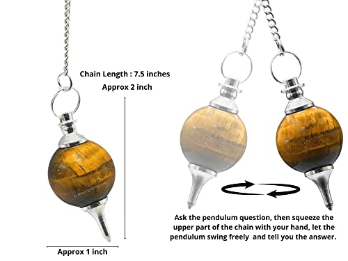 Amazing Gemstone Tiger Eye Crystal Ball Pendulum for Divination - Dowsing Pendulum Necklace with Chain and Quartz Bead for Reiki Healing and Crystal Grid Meditation - color: Tiger Eye