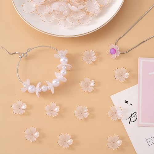 100Pcs Cherry Blossom Beads, 5-Petal Acrylic Flower Beads, Mini Spacer Hair Accessories Halloween Christmas for Bracelets Earring Jewelry Making- White - color: White