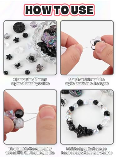 Acrylic Pastel Beads for Jewelry Making, Kalolary Black Bow Butterfly Flower Bead Kawaii Plastic Heart Bead Cute Macaroon Aesthetic Beads for Bracelet Necklace DIY (Black) - color: Black