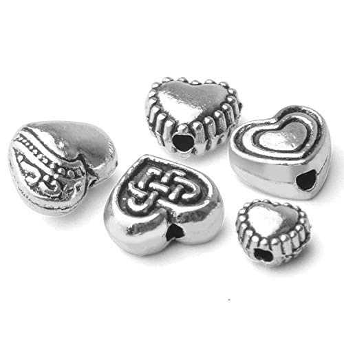 Aylifu 140pcs Antique Silver Heart Shape Spacers Alloy European Style Heart Beads Charms Spacer Bead Jewelry Heart Charms for DIY Bracelet Jewelry Making, 5 Sizes