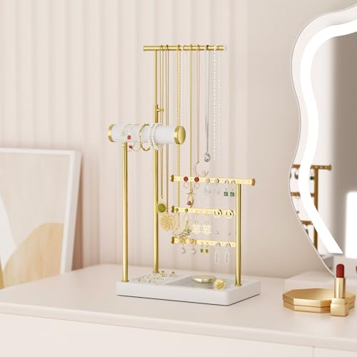SZQINJI 5 Tier Jewelry Holder Organizer, Gold Jewelry Stand with Velvet Bracelet Holder, Adjustable Height Jewelry Display for Necklaces, Bracelets, Earrings, Rings, Gift Idea for Women, White - color: White
