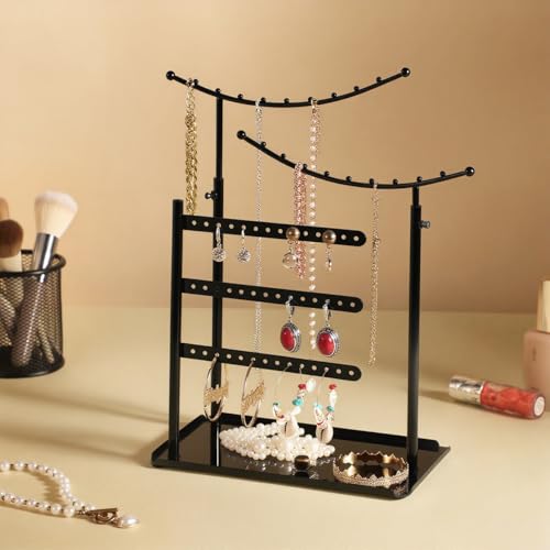 LAMU Jewelry Organizer, 5 Tier Jewelry Stand Display with Anti Entanglement Necklace Holder Tree, Height Adjustable Stroage for Earrings Rings Studs Bracelet, Valentines Day Gifts for Women, Black - color: Black