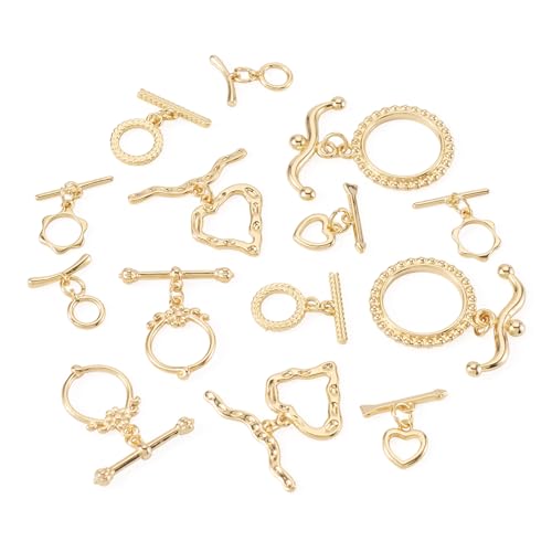 18K Gold Oval Toggle Clasps 14 Sets Heart Jewelry Clasps T-Bar Closure Clasp Fastener IQ End Clap for DIY Necklace Bracelet Earring Jewelry Making - color: 18K Gold-Heart/Flower/Round