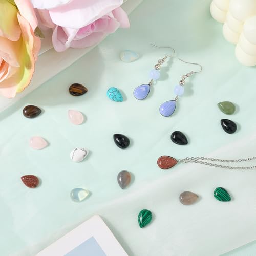 1 Box 36Pcs 12 Styles Teardrop Gemstone Cabochons Flatback Stone Natural Tiger Eye Rose Quartz Aventurine Turquoise Crystal Gems No Hole Bead Cabochon for Jewelry Making DIY Craft Accessories