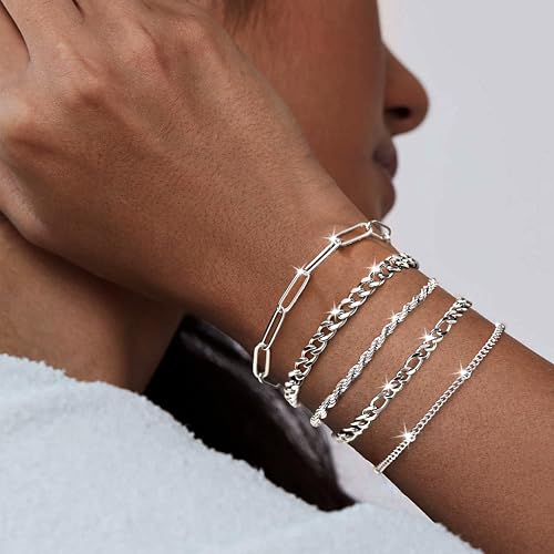 Gold Bracelets Set for Women Stack, Chunky Thick Bracelets Stack for Women Trendy, Simple Dainty Thin Gold Plated Cuff Stackable Bracelets With Beaded Cuban Paperclip Snake Rope Bangle Hand Chain Jewelry - style: Style 03-silver