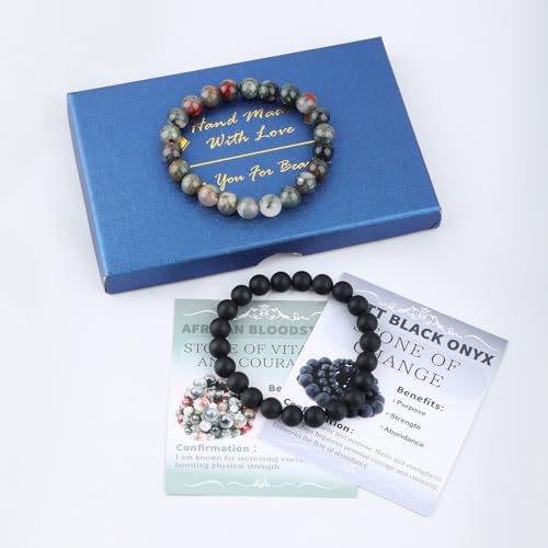 NCB 2.3-Piece 4mm Natural Crystal Gemstone Stretch Bracelets – Handmade Reiki Energy Healing Jewelry for Meditation,Yoga, Unisex - color: 2PCS ( African Bloodstone+Matte Black Agate ), size: 8mm