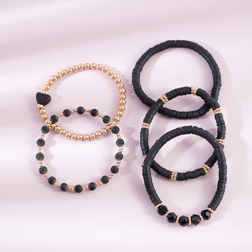 RISHEGAE Heishi Beaded Stretch Bracelets for Women Stackable Polymer Clay Beads Bracelets Friendship Boho Summer Beach Bracelet Jewelry Set - color: A-Black Set