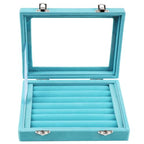 Jewelry Box Rings Organizer Tray 7 Slots Velvet Jewelry Earring Storage Box With Transparent Lid Jewelry Display Case for Girls Women (Light Blue) - color: Light Blue