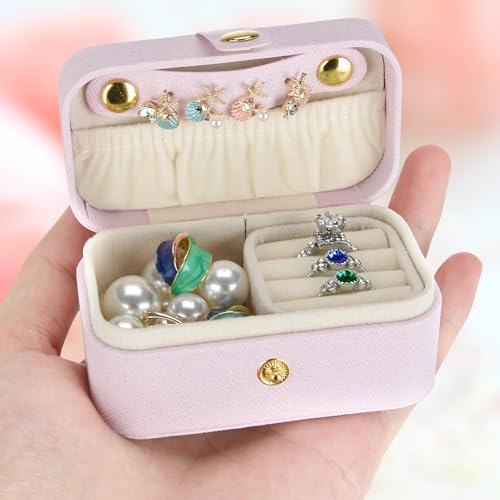KUKUVR Small Travel Jewelry Box, Mini Jewelry Holder for Multiple Rings Necklace Earrings Lipstick, Portable Jewelry Storage Organizer Case with Removable Ring Slot (PINK) - color: PINK