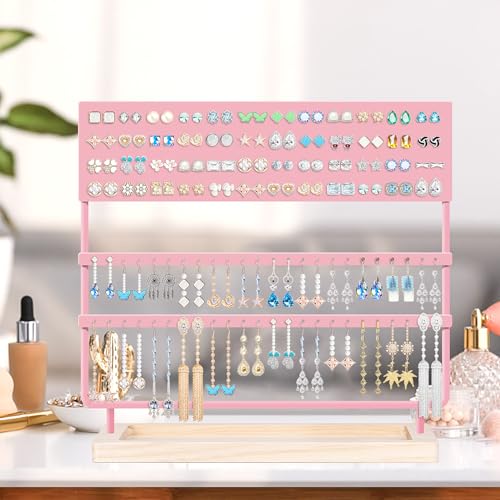Earring Holder Organizer Stand - Earrings Display Rack 144 Holes Jewelry Holder Tower with Wooden Tray for Earrings Rings Pink - color: Pink