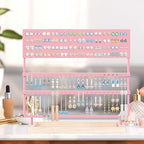 Earring Holder Organizer Stand - Earrings Display Rack 144 Holes Jewelry Holder Tower with Wooden Tray for Earrings Rings Pink - color: Pink