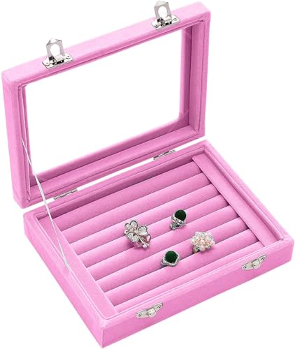 Jewelry Box Rings Organizer Tray 7 Slots Velvet Earring Storage Box With Transparent Lid Jewelry Display Case for Women (Light Pink) - color: Light Pink