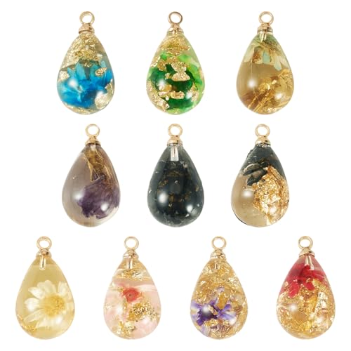 10Pcs Resin Dried Flower Teardrop Charms Transparent Natural Dried Flower Water Drop Pendants Floral Dangle Charms for DIY Earring Necklace Bracelet Jewelry Making