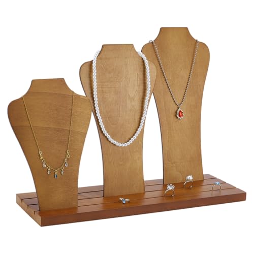 PH PandaHall Wood Necklace Display Stands 3-Row Necklace Holder Wooden Necklace Display Rack with 3 Removable Displays Bust Jewelry Display for Necklaces Rings Craft Selling Vendors Showcase Storage