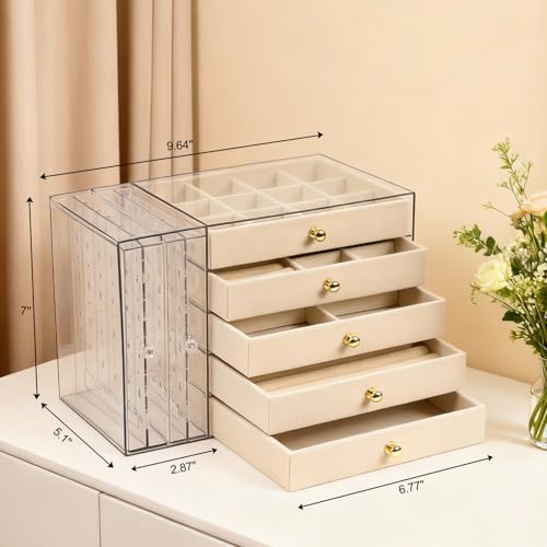 Greenfeather Jewelry Organizer with 7 Removable Drawers, Clear Acrylic Jewelry Box with 16 Necklace Hooks 48 Pairs of Earring Holes 5 Velvet-Lined Drawers for Rings Bracelets Necklaces - color: Off-White-Style B