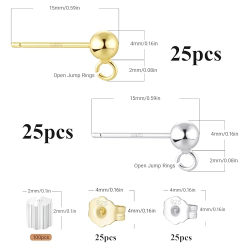 50PCS 14K Gold and Silver Ball Earring Posts Hypoallergenic Earring Studs Ball Ear Pin with 925 Sterling Silver Post for DIY Jewelry Making Findings - color: B Style -14K Gold and Silver Smooth Ball