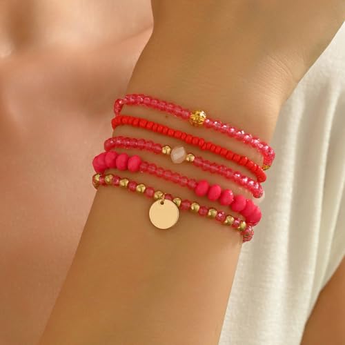 5Pcs Bohemian Multilayer Crystal Beads Stackable Bracelets Y2K Circle Disc Coin Pendant Colorful Beaded Elastic Stretch Bracelets for Women Boho Beach Vacation Holiday Jewelry Gift - color: Red