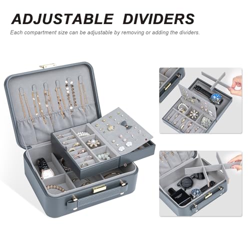 Travel Jewelry Case Large Jewelry Box Jewelry Travel Organizer Jewelry Case with Handle Removable Tray Best Gift for Women Girls (Grey) - color: Grey