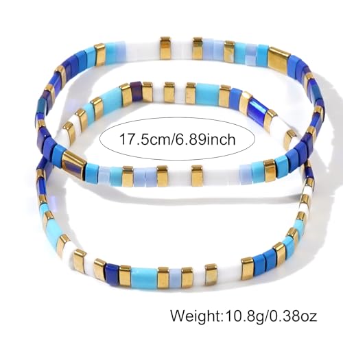 Tila Flat Beaded Bracelet for Women,Bohemian Colorful Stretch Square Glass Bead Elastic Layred Bracelet Stack, Handmade Boho Trendy Holiday Jewelry Accessories Friendship Gift - color: Blue