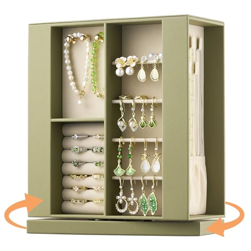 pickpiff Jewelry Box Organizer for Women: 360 Rotating Vertical Storage Case, Black Leather with Blush Velvet, Ring Necklace Bracelet Holder, Gift Decor, 10 x 8.7 x 3.9 in - color: Green
