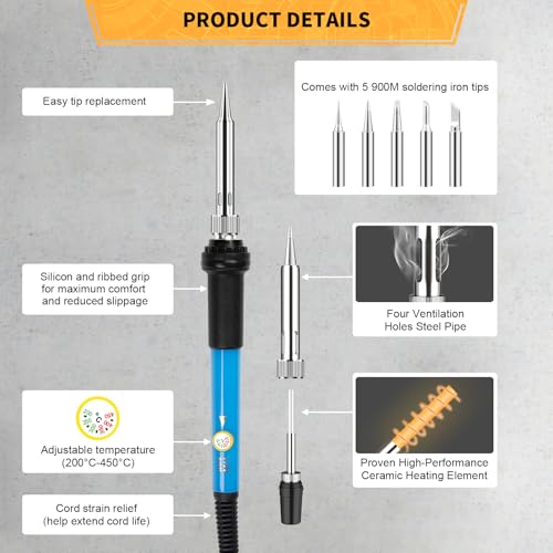 Soldering Iron Kit Electronics, 60W Adjustable Temperature Welding Tool, 5pcs Soldering Tips, Desoldering Pump, Soldering Iron Stand, Tweezers - color: Orange