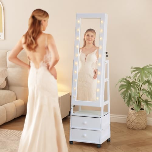Jewelry Armoire Cabinet Organizer Standing with 20 LED Lights Lockable Full Length Mirror with Storage Shelves and 2 Drawers (White) Adjustable Tilt Angles Gift for Her - color: Off White, size: 63*16+LED Lights