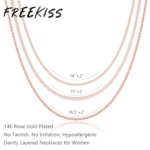 Freekiss Women's Layered Necklace Set - 3 Piece Dainty Gold Jewelry for Everyday Stacking | 14K Gold Plated Snake Chain, Rope Chain, Cuban Chain | Adjustable Length 14-18.5 Inch | Gift Ready - color: Rose Gold, style: 3Snake+Rope+Cuban