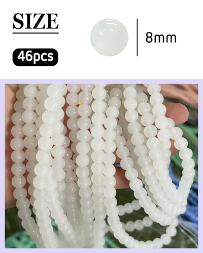 8mm Glass Beads 46PCS Glass Beads for Jewelry Making Charm Round Loose Bead for Bracelet Making Kit (White Jade) - color: White Jade