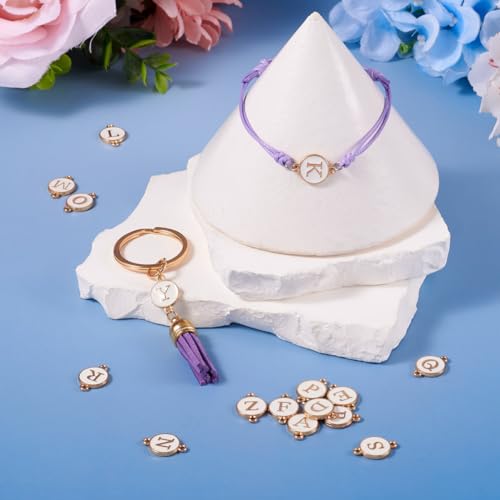 KISSITTY Flat Round with Alphabet Connector Charms Alloy Enamel Letter Links Connectors for DIY Bracelet Earring Jewelry Making - color: White