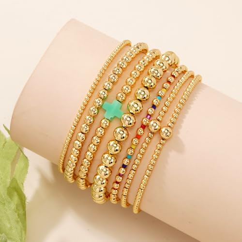 14K Gold Beaded Cross Beaded Bracelet Stack Set for Women,7PCS Bohemian Colorful Beads Ball Stretch Stackable Bracelets Trendy Holiday Birthday Gift - color: Green