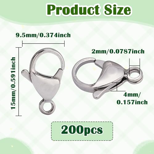 200Pcs 15mm Stainless Steel Lobster Clasps Silver Lobster Claw Clasps Fasteners Hooks for DIY Necklace Bracelet Jewelry Making - color: Dark Silver, size: 15mm