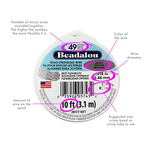 Beadalon 49 Strand Stainless Steel Bead Stringing Wire, .021 in / 0.53 mm, Bright, 30 ft / 9.2 m - color: Bright, style: .021 in / 0.53 mm, 30 ft / 9.2 m
