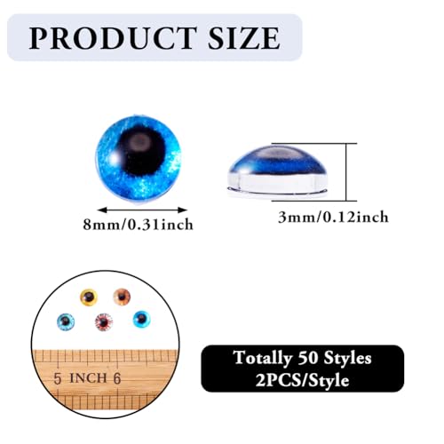 100Pcs/Set Flat Round Transparent Glass Cabochons with Pattern Eye Flatback Glass Dome Flatback Cab Beads for Photo Cameo Jewelry Making Necklace Ring DIY Crafts 8x3mm Eyes - color: 100pcs-8x3mm-Eyes