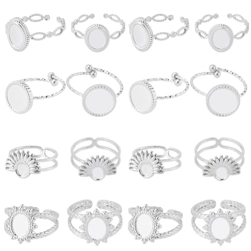 SUNNYCLUE 1 Box 4 Styles 16Pcs Ring Blank Setting Stainless Steel Bezel Ring Blanks Silver Adjustable Antique Metal Base Tray Findings Components for Jewelry Making DIY Gifts Supplies Women Adults - style: Ring 3