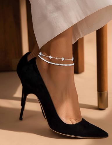 RLMOON Gold Silver Anklets for Women CZ Ankle Bracelet 14K Gold Plated Waterproof Layered Stackable Tennis Dot Chain Anklet Trendy Summer Beach Foot Jewelry - color: A-Clover&Tennis Anklet-Silver