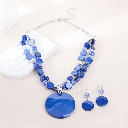 Layered Beads Statement Fashion Necklace Chunky Jewelry Set Big Colorful Glass Stone Circle Shell Pendant Choker Necklace and Earring Set for Women - color: blue