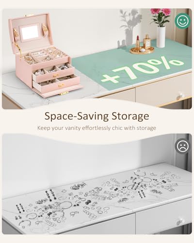 Jewelry Box for Girls Women, 3-Layer Jewelry Organizer with Mirror and Portable Handle, Small Jewellery Organizers for Young Women, Teenage Girl, 17.2 x 13.5 x 12.5 cm Pink