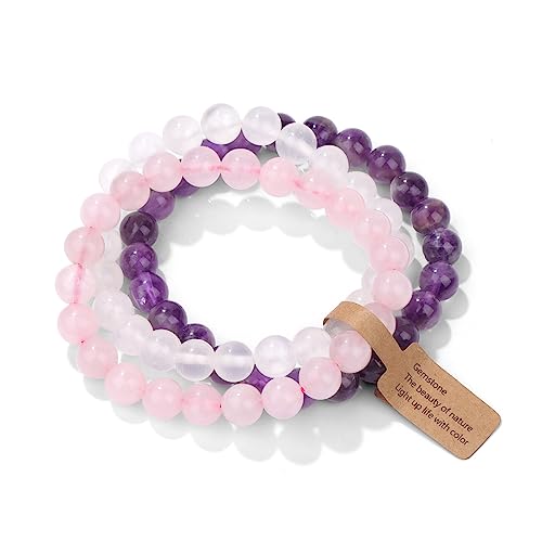 3 PCS Healing Crystal Bracelets for Women 8mm Natural Stone Beaded Stretch Bracelet Amethyst Jewelry Gifts - color: 01 8mm Rose Quartz