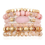 RIAH FASHION Bohemian Acrylic Druzy Multi-Layer Bead Statement Bracelet - Versatile Faux Stone Pendant Stretch Strand Stackable Cuff Bangle Set Sparkly Crystal - color: Bohemian Oval Druzy Set - Pink