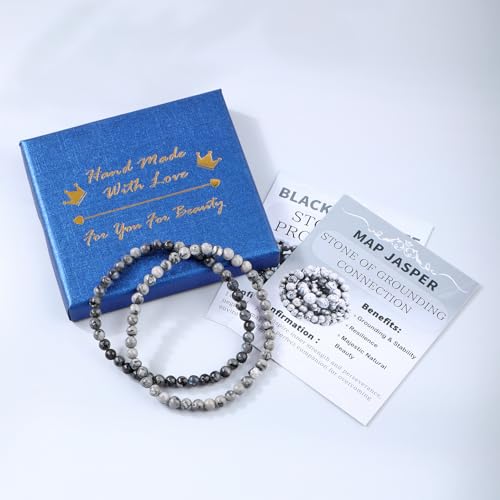 NCB 2.3-Piece 4mm Natural Crystal Gemstone Stretch Bracelets – Handmade Reiki Energy Healing Jewelry for Meditation,Yoga, Unisex - color: 2PCS ( Black Larvikite+Map Jasper ), size: 4mm