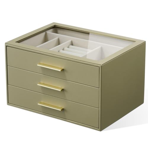 Jewelry Box Organizer Case for Women: 3-Layer Jewelry Storage Case with Glass Window, Olive Green Leather with Cream Velvet, Holder for Ring Necklace Bracelet Brooch Watch, Great Gift for Her - color: Green, size: 3 layer
